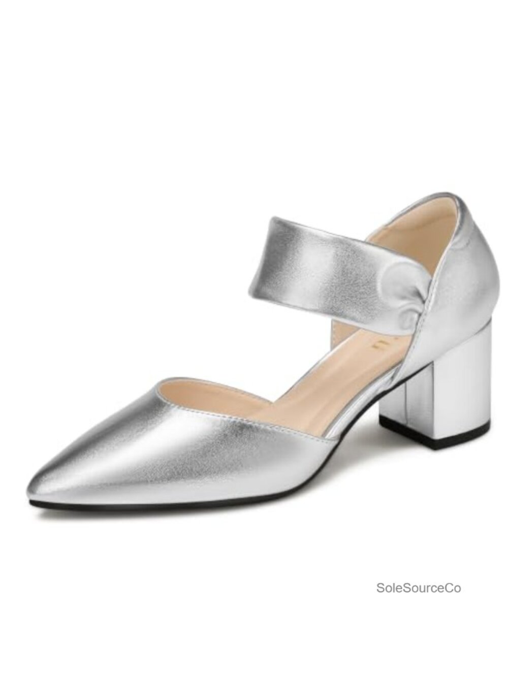 Women's Chunky Block Heel Pumps, Pointed Toe, Ankle Strap, Faux Leather, 2 Inch